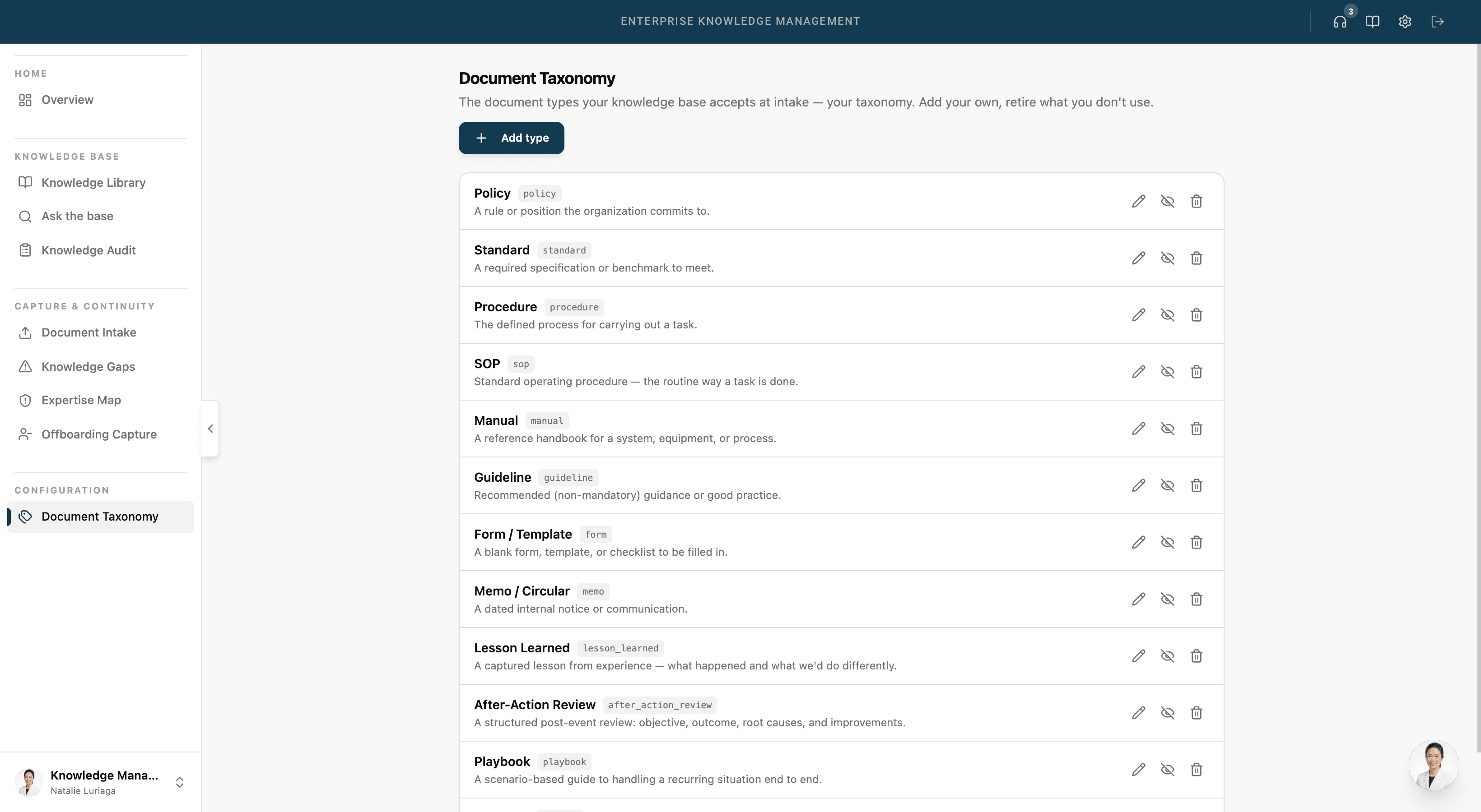 Depzilla Knowledge Management document taxonomy — the document types the knowledge base accepts at intake, each with its definition, from policy and standard to lesson learned and after-action review