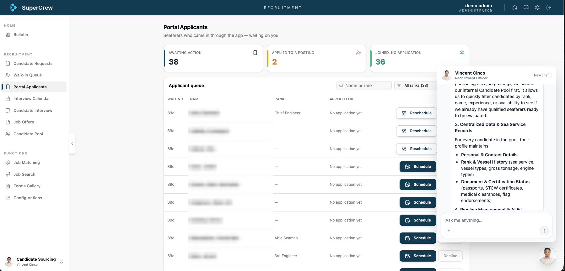 SuperCrew Recruitment workspace: the portal applicant queue with waiting days, rank and status, and the Candidate Sourcing agent answering in the side panel