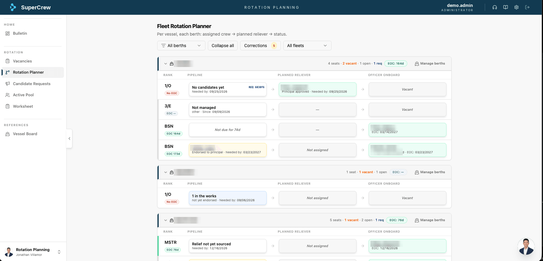 SuperCrew Fleet Rotation Planner: each vessel's berths with rank, pipeline, planned reliever and officer on board, with end-of-contract countdowns