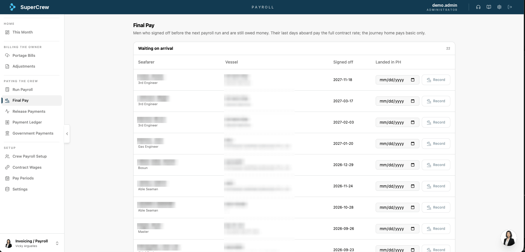 SuperCrew Payroll workspace: signed-off crew waiting on arrival for final pay, with rank, sign-off date and landed date