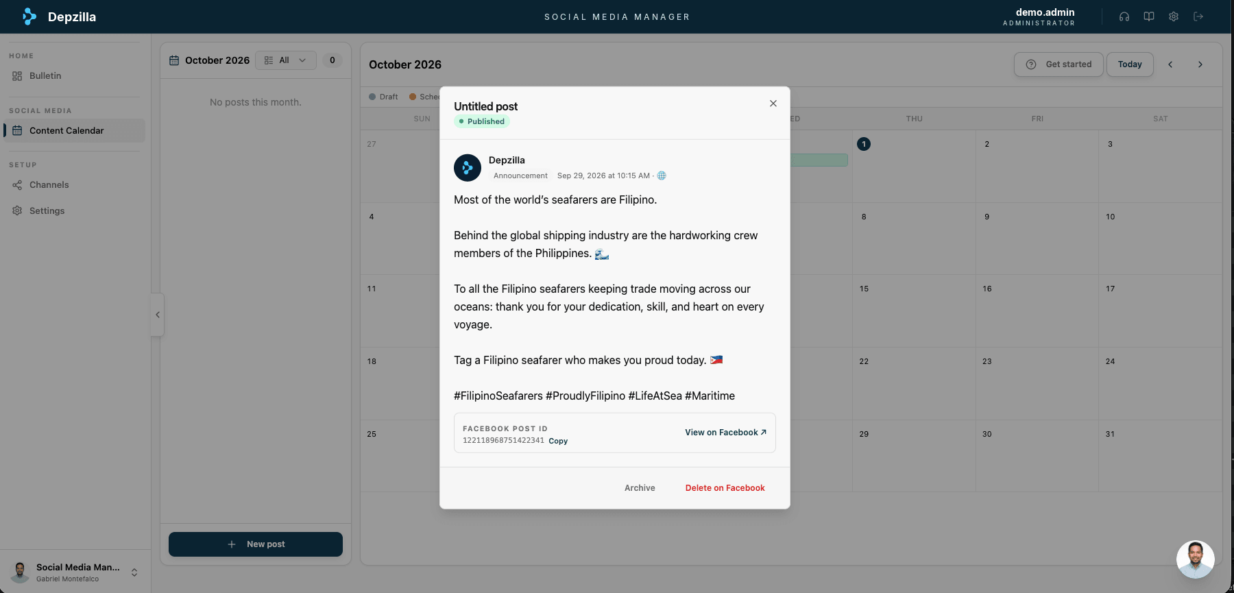 Depzilla Social Media Manager: the monthly content calendar with a published Facebook post open