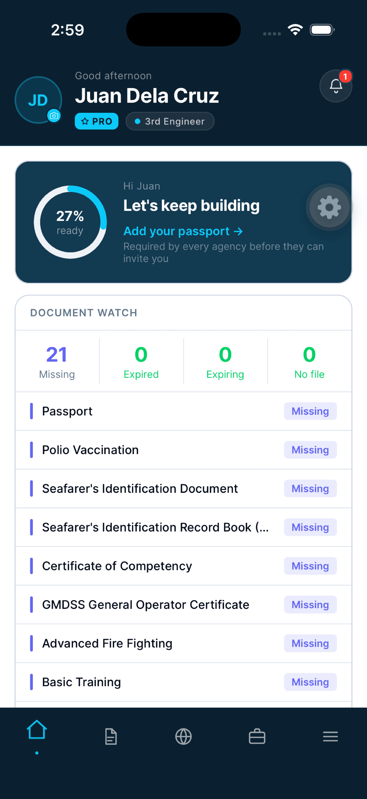 Seafarr home screen: a seafarer's deployment readiness at 27 percent with a prompt to add their passport, and the document watch counting missing, expired and expiring documents