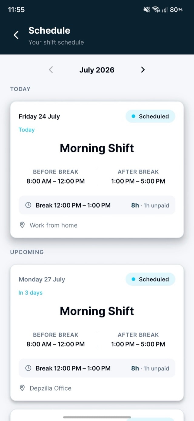 Clockwyze mobile app: today's morning shift with hours before and after break, break time and work location, and the next scheduled shift