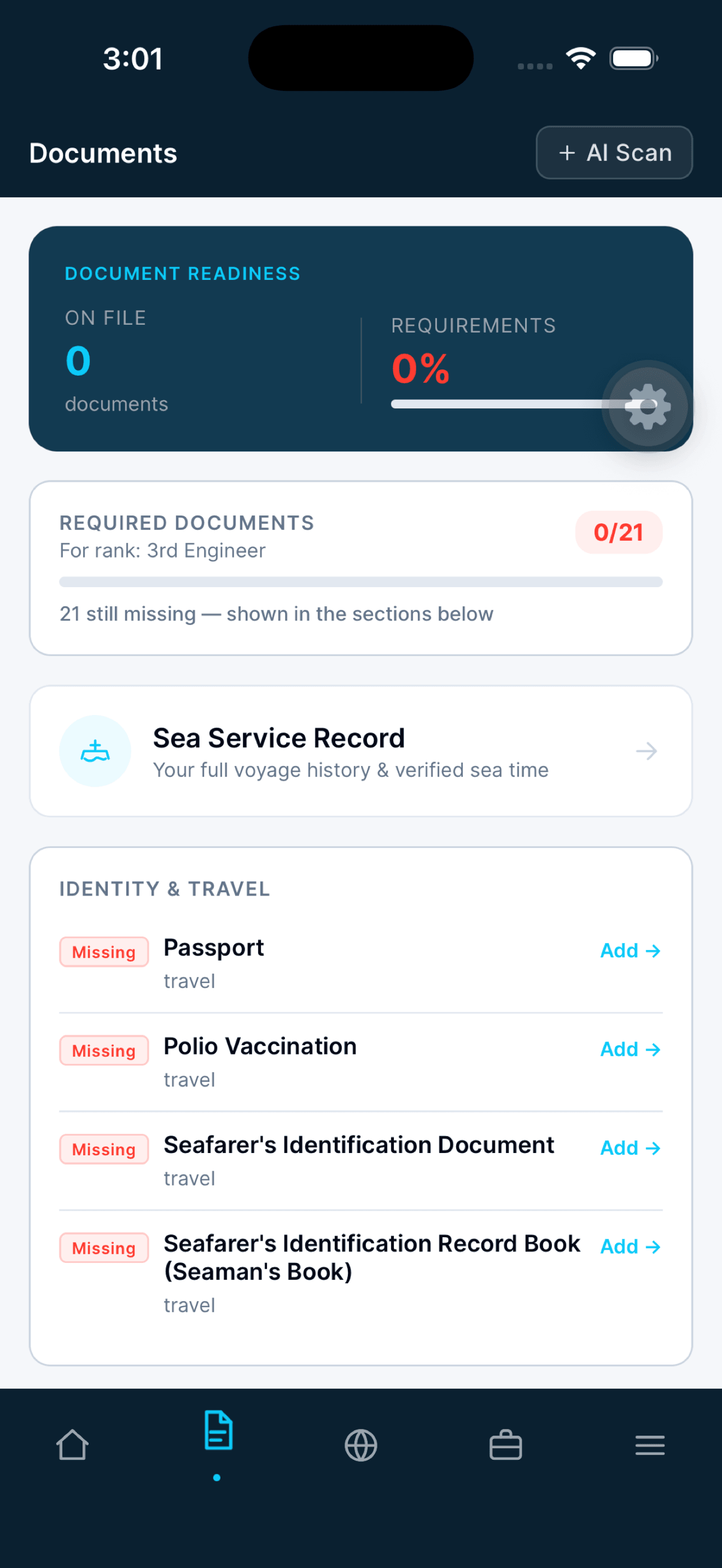 Seafarr Documents screen: document readiness, the required documents for a 3rd Engineer, the sea service record, and identity and travel documents marked missing with an Add link